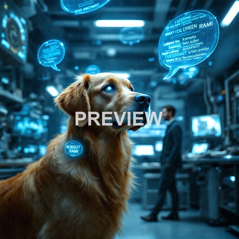 A golden retriever dog with a digital display on its collar, sitting in a high-tech, futuristic control room with holographic screens, while a man in the background works at a computer.